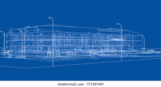 Abstract building. Vector rendering of 3d. Wire-frame style. The layers of visible and invisible lines are separated
