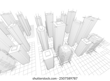 Edificios abstractos, dibujo arquitectónico 3D ilustración