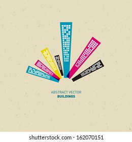 Abstract buildings in CMYK colors on recycled paper background
