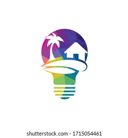 Abstract bulb lamp with beach house logo design. Nature travel innovation symbol. Tour and travel concept design.