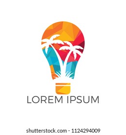 Abstract bulb lamp with palm tree logo design.  Nature travel innovation symbol. Tour and travel concept design.