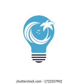 Abstract bulb lamp with palm tree logo design. Nature travel innovation symbol. Tour and travel concept design.