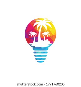 Abstract bulb lamp with palm tree logo design. Nature travel innovation symbol. Tour and travel concept design.