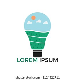 Abstract bulb lamp with sunrise and landscape logo. Natural Landscape innovations symbol.