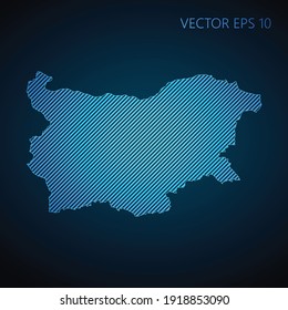 Resumen de la plantilla de mapa de Bulgaria hecha de líneas diagonales azules sobre fondo oscuro. Ilustración del vector EPS10.