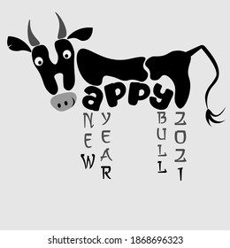 abstract bull wishes happy new year, lettering and minimalism