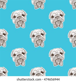 Abstract bulldog face pattern on the blue background.  English Bulldog. French bulldog. 