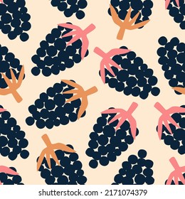 Abstract bunch of grapes hand drawn vector illustration. Colorful vine in retro style seamless pattern for wallpaper or kitchen textile.