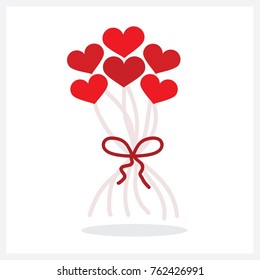 Abstract bunch of red heart shape hellium balloons decoration with a bow icon on white background