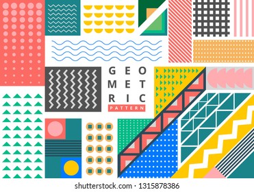 Abstract bundle bright geometric pattern memphis style with copy space background. Trendy fashion 80-90s. You can use for ad, presentation, broxhure, poster, banner web, and more. Vector illustration