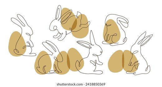 Abstract bunnies set on eggs background. Easter bunny rabbit continuous one line drawing. Egg hunter concept line art. Hand drawn vector illustration in modern minimal style for greeting card, poster
