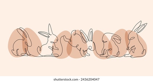 Abstract bunnies set on eggs background. Easter bunny rabbit continuous one line drawing. Egg hunter concept line art. Hand drawn vector illustration in modern minimal style for greeting card, poster