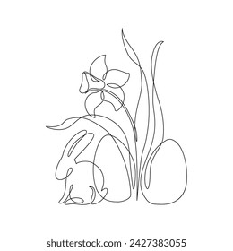 Abstract bunny, eggs, blooming narcissus flower. Easter bunny continuous one line drawing. Egg hunter concept line art. Hand drawn vector illustration in modern minimal style for greeting card, poster