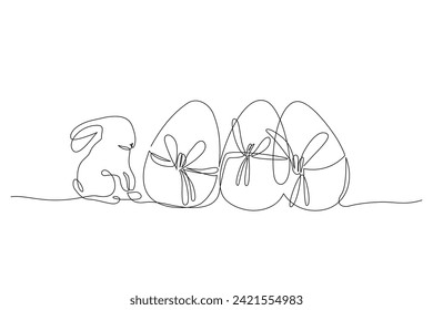 Abstract bunny, eggs with ribbons. Easter bunny rabbit continuous one line drawing. Egg hunter concept line art. Hand drawn vector illustration in modern minimal style for greeting card, poster