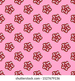Abstract burgundy curls seamless pattern with white stripes, abstract flowers, pink background. Great for decorating fabrics, textiles, gift wrapping design, any printed materials and advertising.