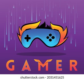 Abstract Burning gaming console controller with a character like design. Can be used as a logo by streamers and players. Icon can be used in game related posts and posters as well in blue and orange