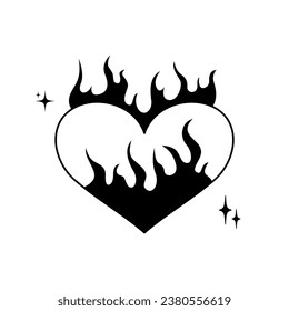 Resumen tatuaje al corazón ardiente en el estilo gótico de los años 2000. Símbolo del amor en llamas. Clíparte de emo goth Y2k. Ilustración vectorial dibujada a mano. Dibujo de esquema, silueta negra