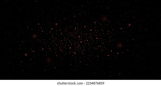 Abstract burning particles in a chaotic flight in the boundless galactic space. Isolated black background.