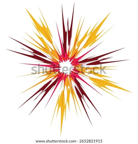 Abstract burst explosion vector illustration with dynamic yellow, red, and orange rays. Modern geometric star pattern perfect for art, backgrounds, prints, textiles, and creative graphic design.