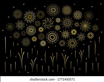 Abstract burst gold pattern fireworks set. Art deco star shaped firework pattern collection isolated on black background with rays and trails. Birthday party or carnival festive decoration,