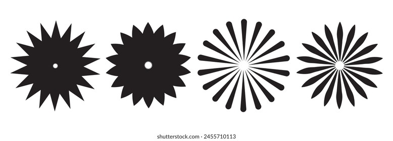 Abstract burst lines. Sunburst, starburst stripes. Radial rays, beams. Sparkle, glitter, fireworks or explosion effect. Circular, concentric spokes element set