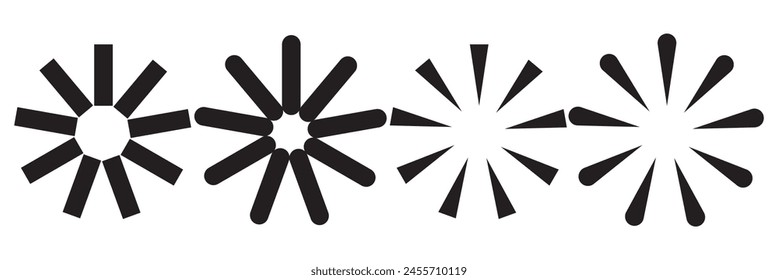 Abstract burst lines. Sunburst, starburst stripes. Radial rays, beams. Sparkle, glitter, fireworks or explosion effect. Circular, concentric spokes element set