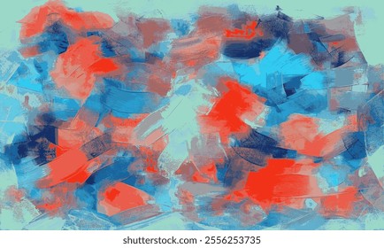 Abstract bursts of vibrant blue, red, and orange strokes create a chaotic yet captivating composition, blending energetic colors with layered textures for a dynamic artistic expression