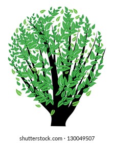 Abstract bush silhouette with green leaves on white background.