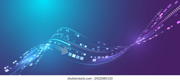 Abstract business analytics. An array of information in the form of waves. Large data stream on a dark background, glowing lines and squares. Data set analysis and visualization.