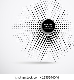Abstract business asymmetric background with circular halftone design circle of black dots around a circle with a large black round button and shadow.
