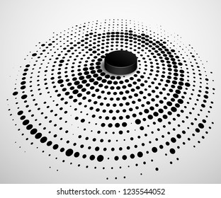 Abstract business background with 3D circular halftone design circle of black dots on a circle with a big black 3D round button and shadow.