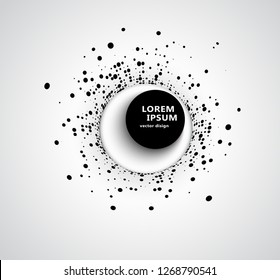 Abstract business background with 3D circular halftone design circle of black dots on a circle with a big black 3D round button and shadow.