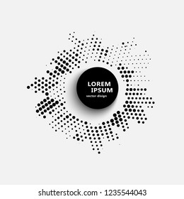 Abstract business background with circular halftone design of black dots around the circle with a large black round button and shadow.