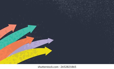 Abstract business background with colorful textured arrows on dark grunge. Modern vector template for presentations, posters, flyers, web, digital projects, growth, progress, leadership design.