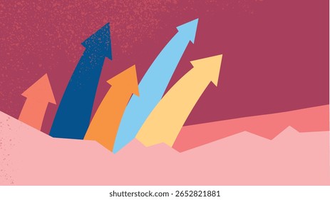 Abstract business background with colorful textured arrows on dark grunge. Modern vector template for presentations, posters, flyers, web, digital projects, growth, progress, leadership design.
