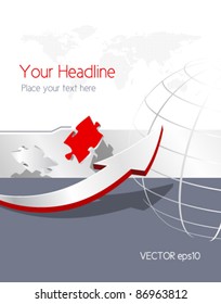 Abstract business background with dotted world map, arrow, globe and puzzle pieces - global corporate brochure design - vector illustration