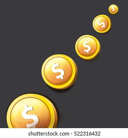 abstract business background with falling golden coins isolated on black background. flying coins vector background