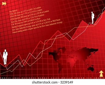 An abstract business background in red showing stocks and shares