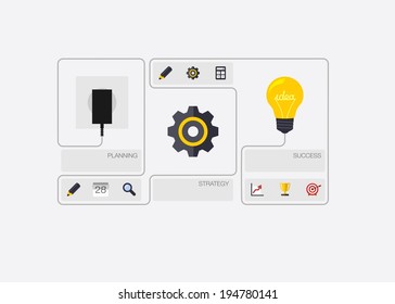 Abstract business background with socket, cogwheel, bulb and flat icons. Network concept for communication, marketing research, strategy, mission, analytics and web design. Vector illustration.