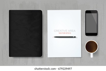 Abstract business background of white paper sheet, notebook, smartphone, coffee cup, and pencil on grunge concrete texture background. Vector working space area.