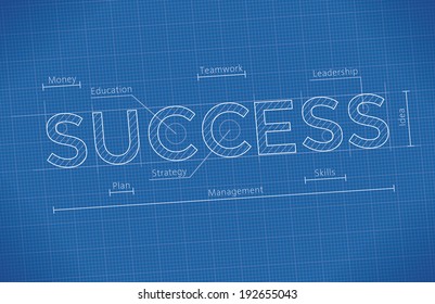 Abstract Business Blueprint with Success word. Idea - Business education, Business success elements: Leadership, Money, Skills, Management, Strategy, Planning, Teamwork, Education