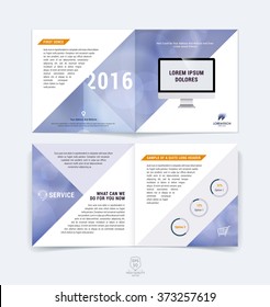 Abstract business brochure, booklet, flyer and cover design layout template with purple and blue triangular shapes on blurred background with light spots. Vector illustration.