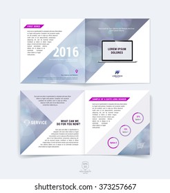Abstract business brochure, booklet, flyer and cover design layout template with grey, pink and blue triangular shapes on blurred background with light spots. Vector illustration.