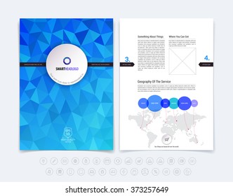 Abstract business brochure, flyer and cover design layout template with blue polygonal background. Vector illustration.