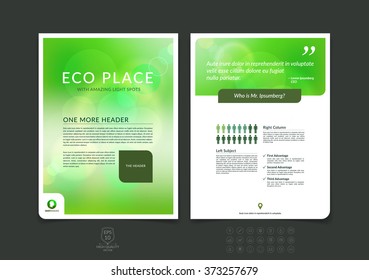 Abstract business brochure, flyer and cover design layout template with green and grey blurred background and light spots. Vector illustration.