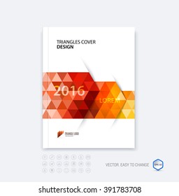 Abstract business brochure template layout, cover design report, magazine or booklet in A4 with red dynamic polygonal arrows and geometric triangle shapes on white background. Vector.