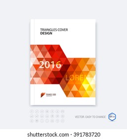 Abstract business brochure template layout, cover design report, magazine or booklet in A4 with red dynamic polygonal arrows and geometric triangle shapes on white background. Vector.