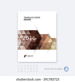Abstract business brochure template layout, cover design report, magazine or booklet in A4 with brown dynamic polygonal arrows and geometric triangle shapes on white background. Vector.