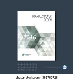 Abstract business brochure template layout, cover design report, magazine or booklet in A4 with grey dynamic polygonal arrows and geometric triangle shapes on white background. Vector.