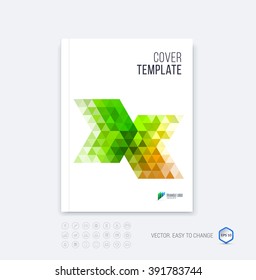 Abstract business brochure template layout, cover design report, magazine or booklet in A4 with green dynamic polygonal arrows and geometric triangle shapes on white background. Vector.